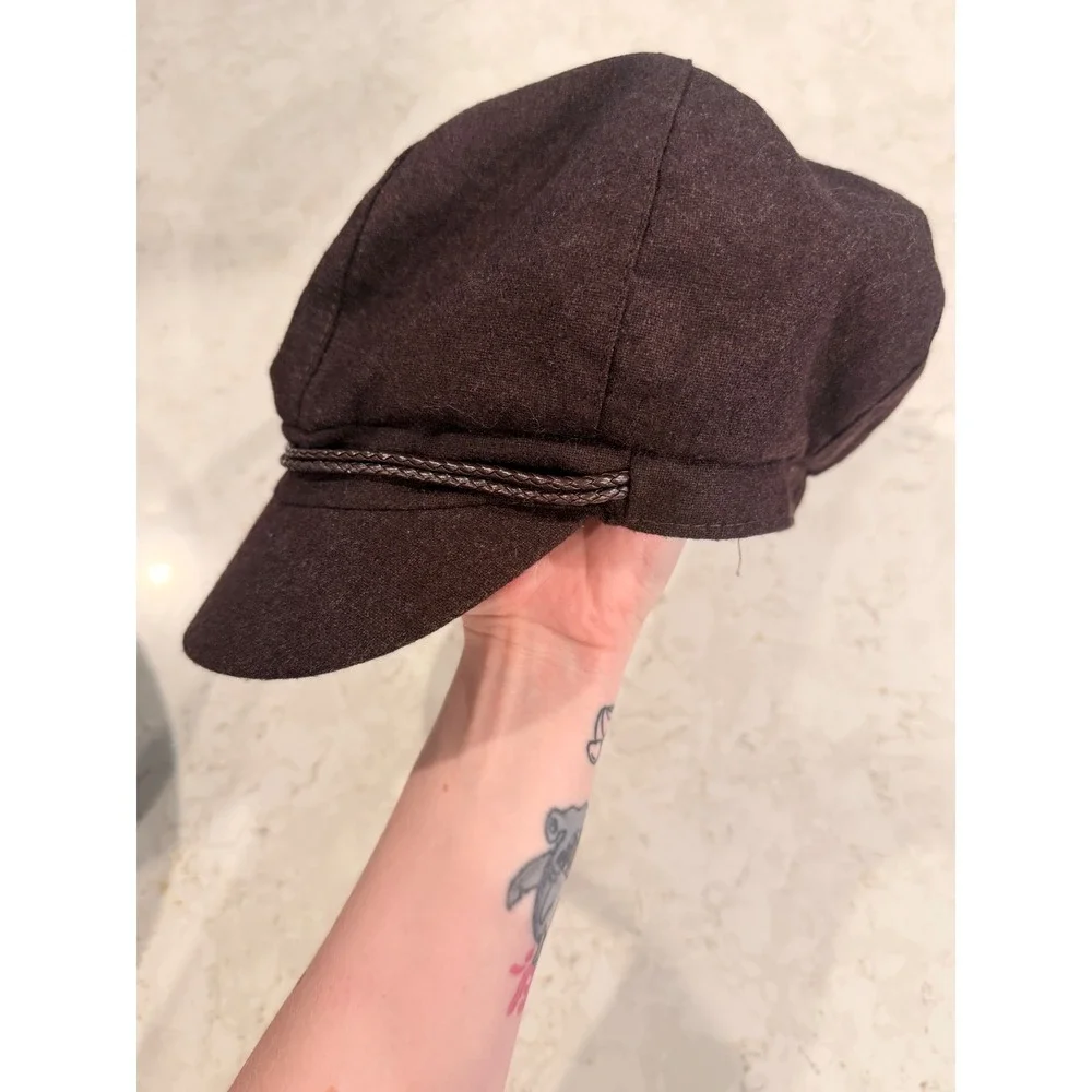 Nine West Brown Wool Blend Newsboy Hat Y2K Baker Boy Cabbie Cap Braided Trim